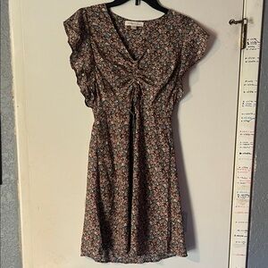 Monteau Brown Floral Midi Dress with Blue & Pink Accents